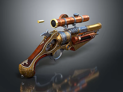 Ornate Revolver With Golden Accents Red Wooden Grip And Telescope Sight Engraved Patterns 3d model
