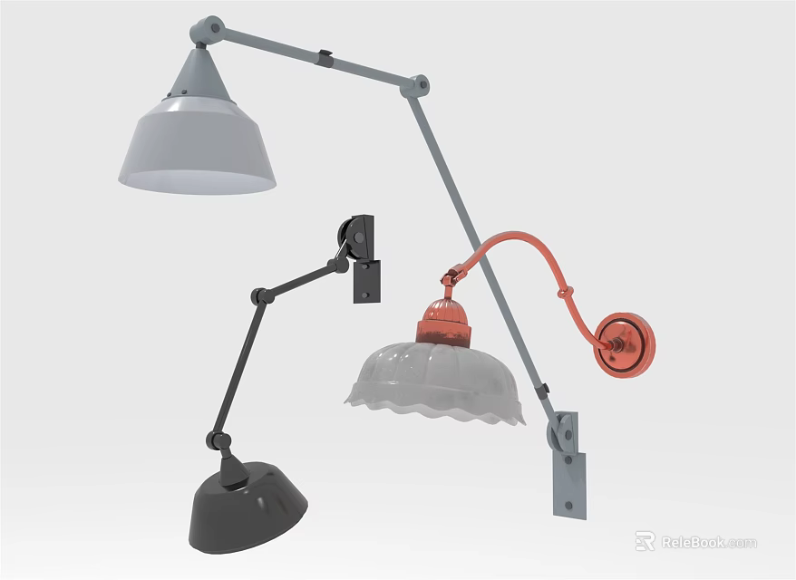 Modern Adjustable Arm Wall Lamps With Colored Shades And Metal Bases 3d model 