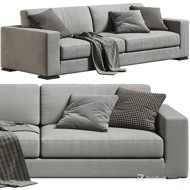 Modern Gray Two Seater Sofa With Soft Throw Blanket And Decorative Pillows 3d model