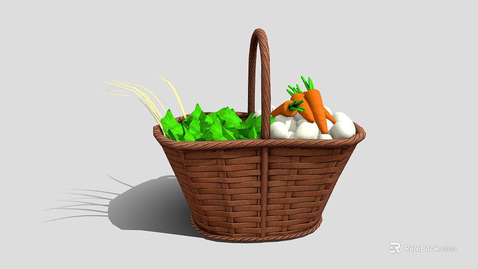 Wicker Storage Basket For Kitchen With Fresh Carrots Lettuce And Onions 3d model 