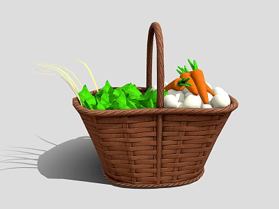 Wicker Storage Basket For Kitchen With Fresh Carrots Lettuce And Onions 3d model