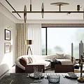 Stylish Modern Luxury Open Living And Dining Room With Curved Sofa And Large Panoramic Window