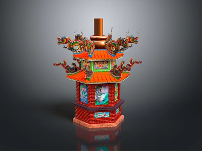 Cartoon Scene Ornate Traditional Lantern With Red Green Hues Dragon Decorations And Tower Structure 3d model
