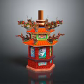Cartoon Scene Ornate Traditional Lantern With Red Green Hues Dragon Decorations And Tower Structure
