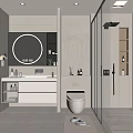 Modern Bathroom Interior With Vanity Mirror Toilet Glass Shower Textured Wall And Recessed Lighting