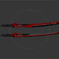 Two Red Decorative Samurai Swords With Reflective Blades On Grey Background