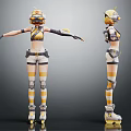 Mechanical Character With Yellow White Tech Outfit Shorts Knee Pads Roller Skates Front Side Views 3d model