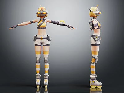 Mechanical Character With Yellow White Tech Outfit Shorts Knee Pads Roller Skates Front Side Views 3d model