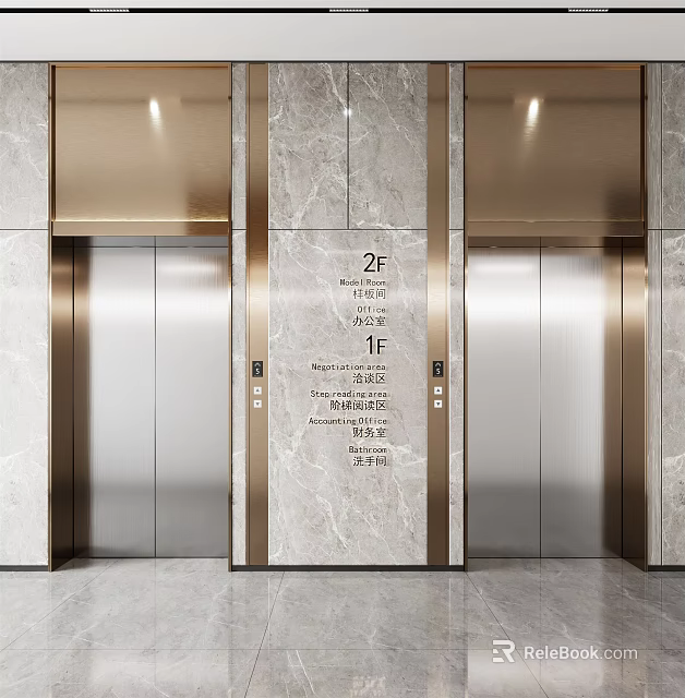 Elevator Lobby With Marble Walls Silver Metal Doors 2F 1F Floor Indicators 3d model