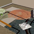 Square Area Rug with Geometric Design on Wooden Floor with Vase and Magazines