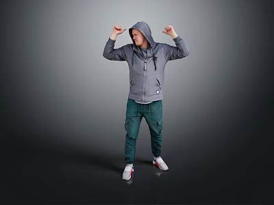 A Man In Gray Hoodie Green Pants White Sneakers Flexing Arms Showing Muscles 3d model