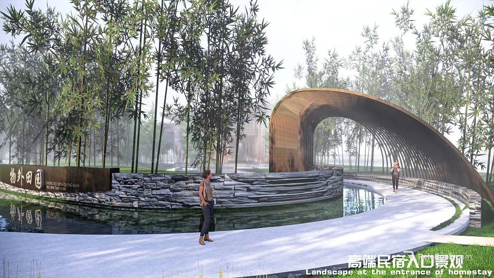 Natural Landscape Wall Surrounded By Bamboo With Wooden Arched Structure Water Pool And Stone Path 3d model 