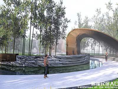 Natural Landscape Wall Surrounded By Bamboo With Wooden Arched Structure Water Pool And Stone Path 3d model