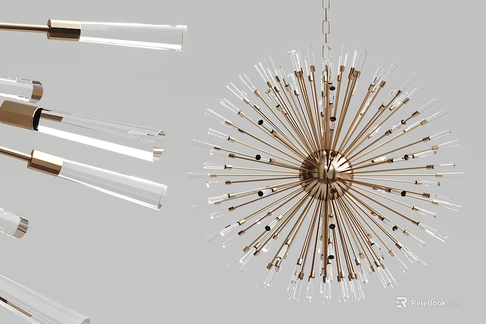Modern Brass Chandelier With Glass Tubes And Starburst Design Hanging Ceiling Light 3d model 
