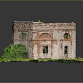 Cartoon Scene Of Ruined Brick Building With Green Plants On Top And Grass Base