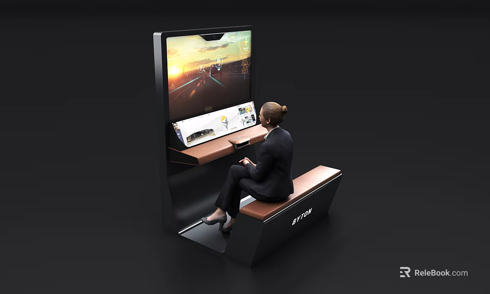 Modern Exhibition Hall Featuring Female Using Large Screen Displaying Aircraft Content And JYTOW Brand 3d model 
