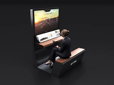 Modern Exhibition Hall Featuring Female Using Large Screen Displaying Aircraft Content And JYTOW Brand 3d model
