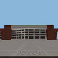 Modern School Building With White Brown Facade Blue Roof Large Windows And Front Open Square