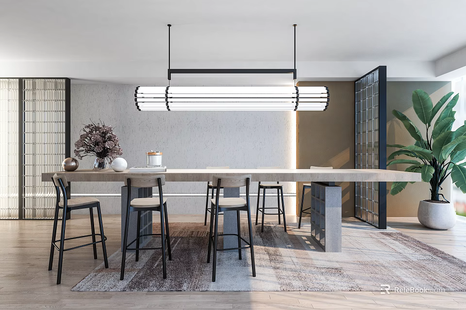 Modern Bar Counter Space With Black Stools Pendant Light And Area Rug Decor 3d model 