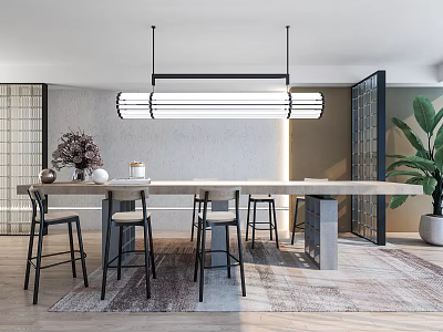 Modern Bar Counter Space With Black Stools Pendant Light And Area Rug Decor 3d model