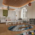 Bright Kindergarten Classroom Interior With Ball Pit And Cartoon Wall Art
