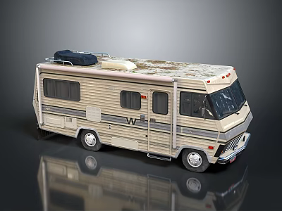Vintage Beige Striped Motorhome With Roof Storage Box And W Logo 3d model
