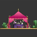 Vibrant Cartoon Scene with Pink Tent Golden Decorations Green Cacti Purple Cushions and Small Bottles
