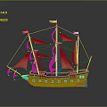 Historical Wooden Sailing Ship Model with Multiple White Sails Colorful Flags and Green Hull Accents