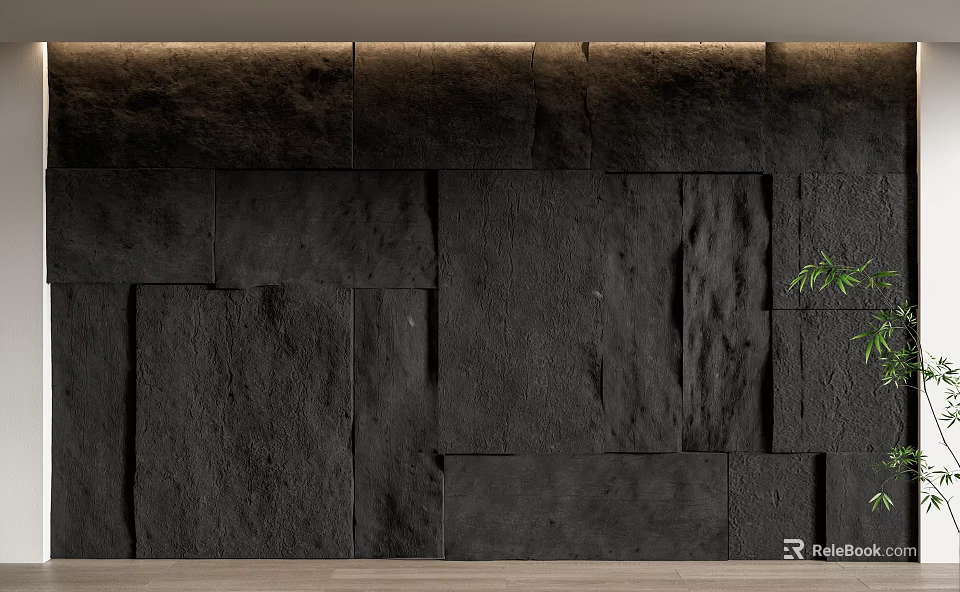 Natural Black Slate Stone Wall Background With Textured Surface And Green Plant Accent 3d model 