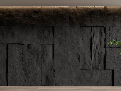 Natural Black Slate Stone Wall Background With Textured Surface And Green Plant Accent 3d model