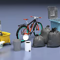 Public Facilities Featuring Bicycle Trash Bins Cleaning Tools Garbage Bags And Warning Signs