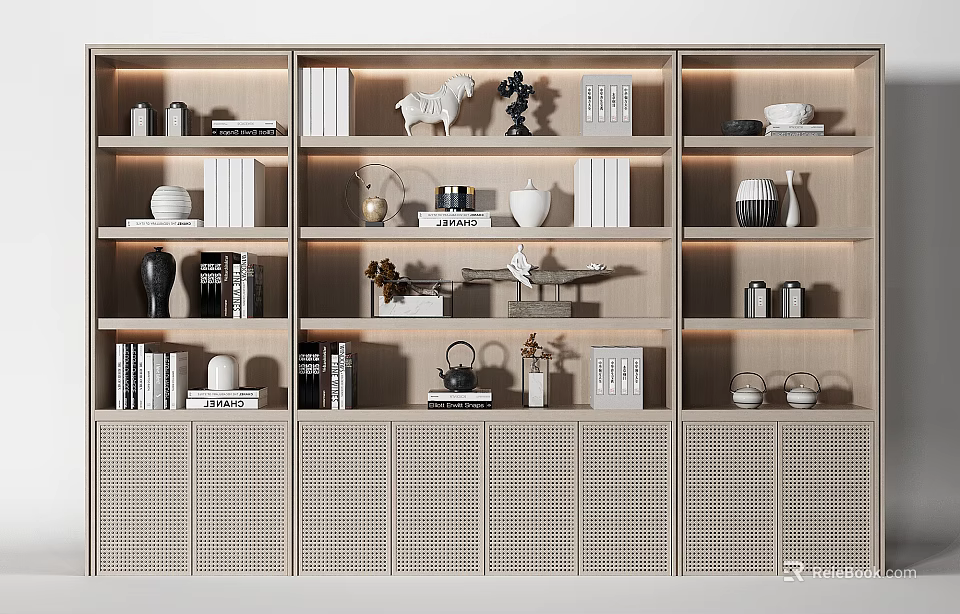 Modern Decorative Cabinet with Multiple Shelves Books Decorative Items and Latticed Doors 3d model 