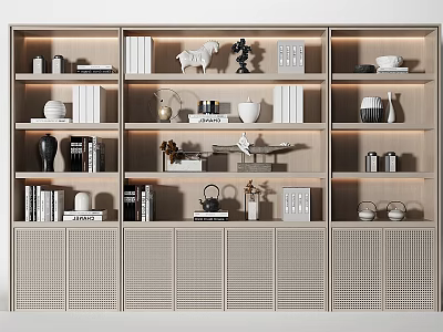 Modern Decorative Cabinet with Multiple Shelves Books Decorative Items and Latticed Doors 3d model