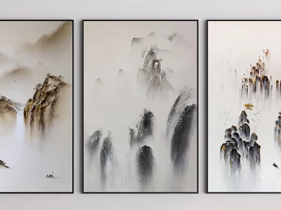 Chinese Ink Landscape Painting Three Panel Wall Art With Misty Mountains Birds And Small Boat 3d model