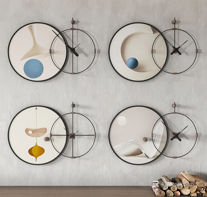 Modern Decorative Wall Clocks With Round Metal Frame And Geometric Color Accents 3d model 