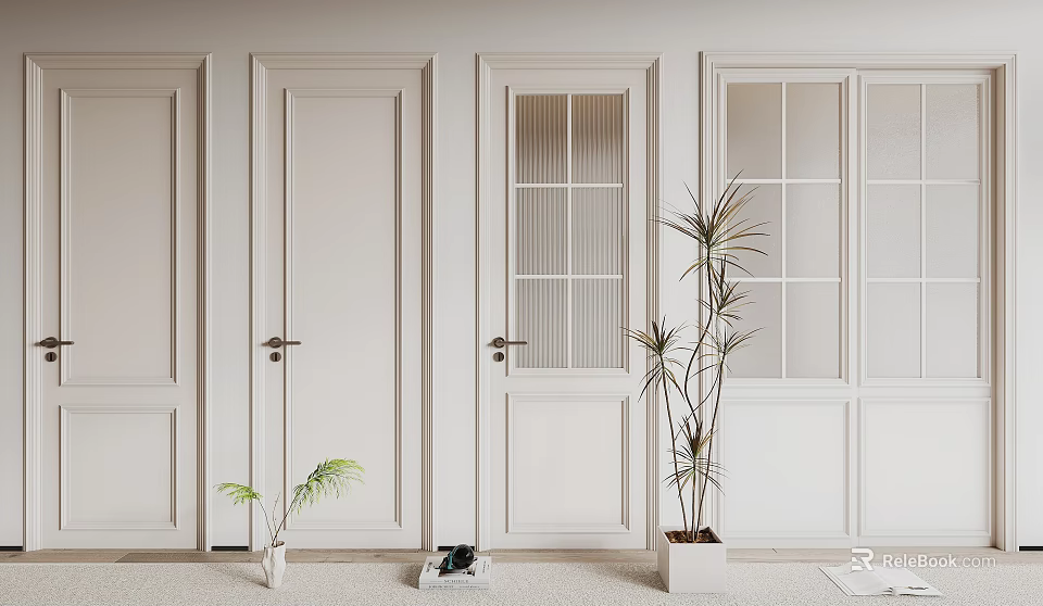 Minimalist White Hinged Doors Home Interior With Glass Panels And Decorative Plants 3d model 