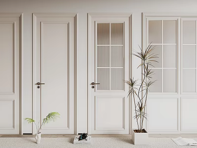 Minimalist White Hinged Doors Home Interior With Glass Panels And Decorative Plants 3d model