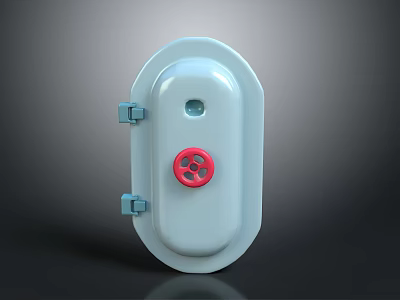 Modern White Oval Gate With Red Circular Decoration And Blue Hinges Design 3d model