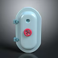 Modern White Oval Gate With Red Circular Decoration And Blue Hinges Design