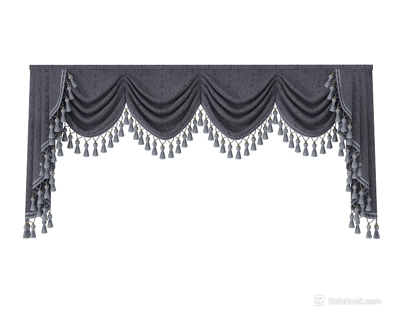 Elegant Dark Gray Roman Curtain With Pleated Valance And Tassel Decorations 3d model 