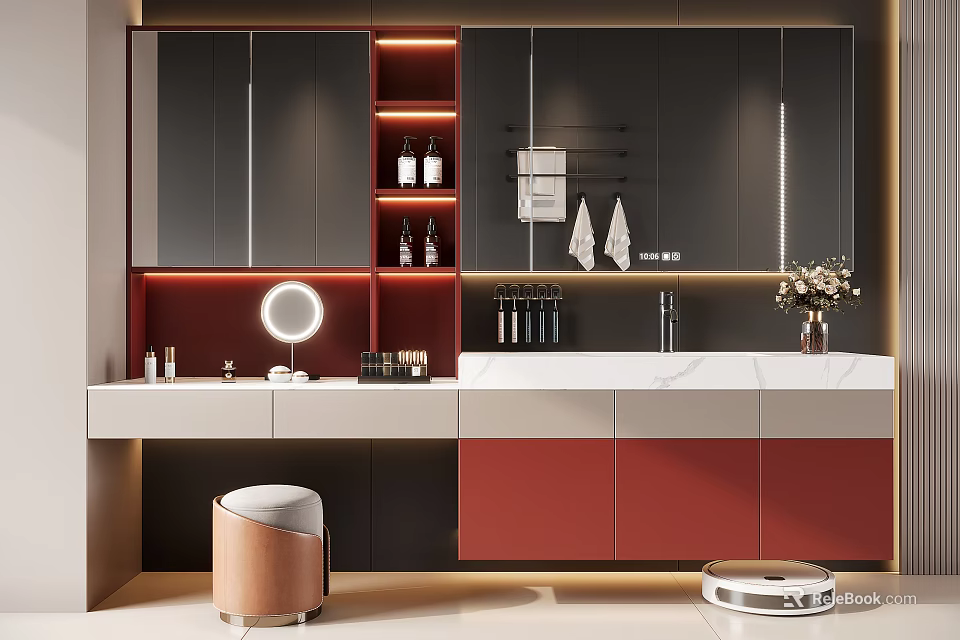 Modern Bathroom Set Interior With Dark Cabinets Marble Vanity Top Mirror And Storage Lighting 3d model 