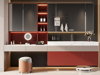 Modern Bathroom Set Interior With Dark Cabinets Marble Vanity Top Mirror And Storage Lighting 3d model
