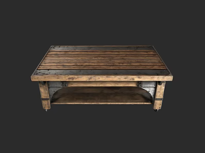 Rustic Wooden Coffee Table With Planked Top And Metal Bracket Details 3d model