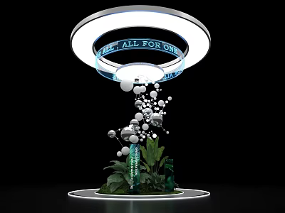 Modern Display Island Cabinet With Circular Lighting Decorative Spheres And Green Plants 3d model