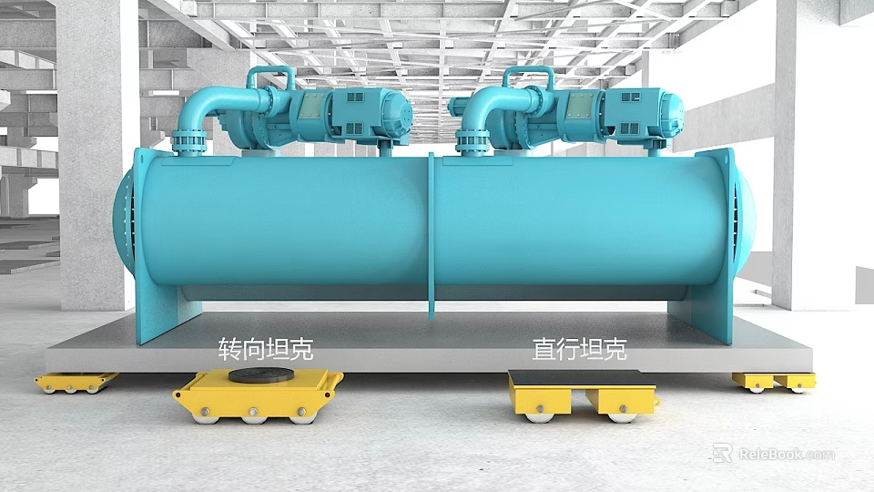 Industrial Equipment Featuring Horizontal And Diameter Tanks With Blue Pumps On Yellow Wheels 3d model 