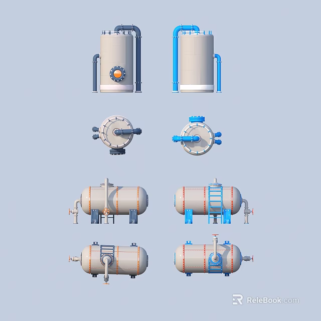 Industrial Equipment Featuring Storage Tanks Pressure Vessels Valves And Ladders With Blue Pipes 3d model 