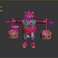 Game Movie Character Red Panda in Green Outfit Carrying Pole with Baskets of Yellow Fruits