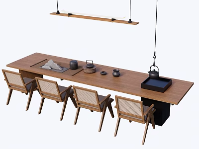 Natural Wooden Tea Table and Chairs with Teapot Tea Cups and Tray 3d model