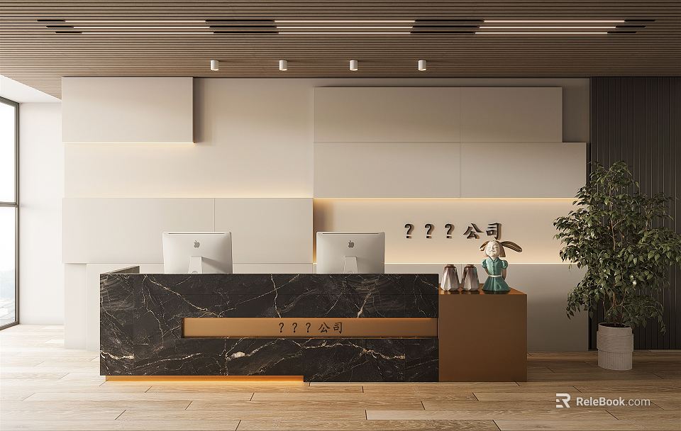 Elegant Reception Desk With Black Marble Countertop Two Computers Company Signage And Potted Plant 3d model 
