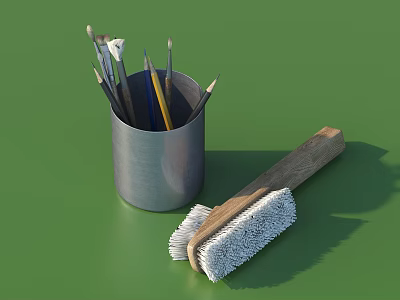 Metal Pen Holder With Paintbrushes And Pencils Near Wooden Handle Brush On Green Background 3d model